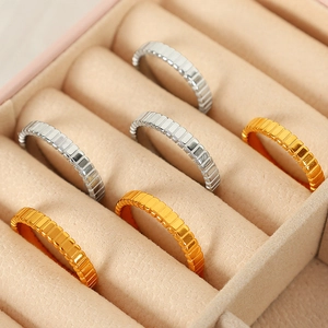 Grooved Stainless Steel Ring Geometric Ribbed Gear Texture Retro Band For Women Gold Plated Minimalist Style Jewelry