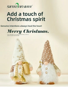 Close-up of plush Christmas gnomes with warm LED lights and festive sequin details