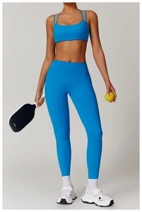 Sky blue high-waisted yoga pants and sports bra set for fitness and pickleball sports