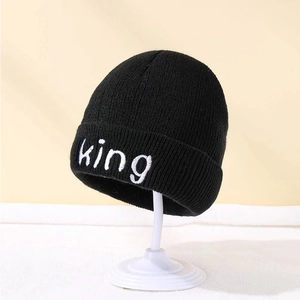 Classic black knitted beanie for kids with white King embroidery for autumn winter season