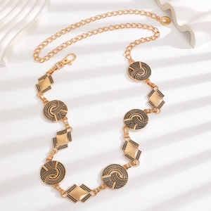 Retro Bohemian gold metal waist chain belt with circular and diamond engraved pendants