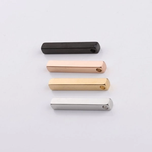 Detailed view of 3D bar pendants in black, rose gold, gold, and silver finishes