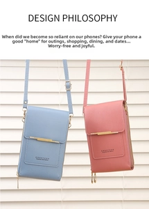 Litchi texture PU leather phone bags in blue and pink hanging on white shutters