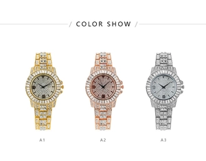 Tre orologi da donna alla moda con strass nei colori oro, oro rosa e argento lucido