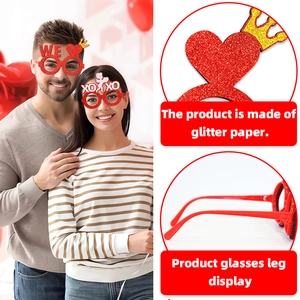 Detail of red glitter heart glasses featuring XOXO and WE patterns for Valentine's Day party