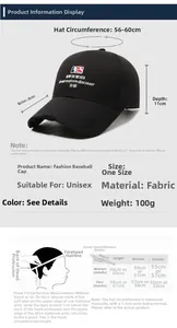 Size chart for black cotton baseball cap with red and blue athlete silhouette embroidery