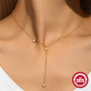 Elegant S925 sterling silver long Y-shaped necklace with sparkling star tassels for women