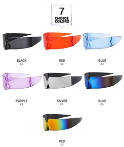 Detail view of one-piece futuristic sunglasses available in seven different vibrant colors
