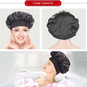 Detail of black satin sleep cap with large capacity design for long hair care