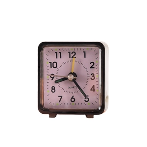 Minimalist square quartz alarm clock with a sleek black frame and white analog dial