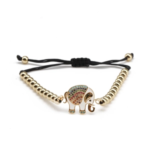 Adjustable elephant bracelet with colorful rhinestones and gold beads on black cord