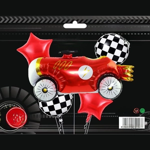 Racing car themed 5-piece foil balloon set with checkered circles and red stars