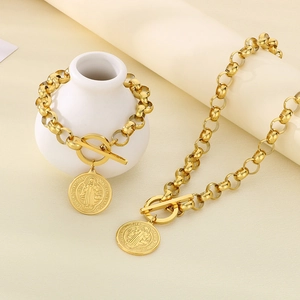 Ensemble de bijoux punk en acier inoxydable doré avec médailles de Saint Benoît rondes