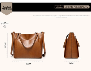 Detailed size chart showing handbag dimensions 29cm width, 27cm height, and 15cm thickness