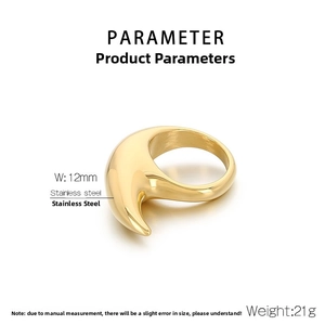 Detailed parameter view of polished gold crescent stainless steel ring with dimensions