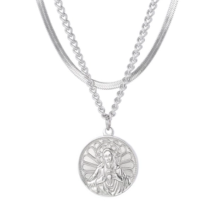 Silver double layer necklace with religious round pendant and flat snake chain
