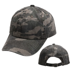 Classic grey camouflage baseball cap with washed cotton texture and adjustable metal buckle