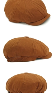 Three-angle view of a caramel cotton newsboy cap with eight-panel stitching and elastic back