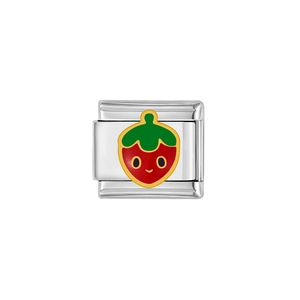 Detail of Italian modular charm in stainless steel with cute enamel strawberry motif
