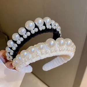 French Retro Velvet Headband With Faux Artificial Pearls For Women Elegant Hair Accessories High Top Style