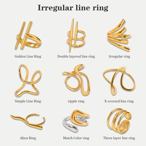 Collection of irregular golden stainless steel rings in nine unique minimalist styles