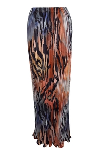 Detail view of high waist pleated maxi skirt with orange and blue abstract print