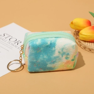 Mini plush tie-dye star coin purse with gold keychain ring for lipstick and earbuds