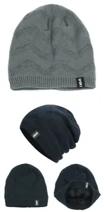 Detail showing the thick black fleece lining inside a warm knitted winter beanie