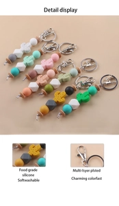 Close-up of food grade silicone beads and metal lobster clasp on cactus keychain