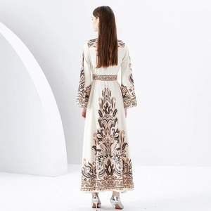 Elegant floral print maxi dress with stand collar and long sleeves for a vintage aesthetic