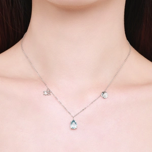 S925 sterling silver Aquarius zodiac necklace with blue gemstone and moon pendant for women