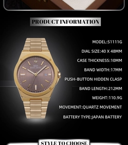 Detailed technical specifications for gold men's quartz watch with mesh texture dial