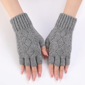 Close-up of grey diamond-hollowed knit arm warmers with detailed stitching and soft wool texture