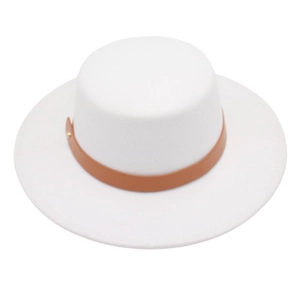 Detail of white wool boater hat featuring a brown leather band and gold stud accents