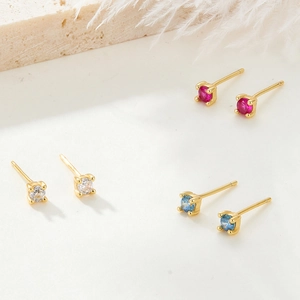 Three pairs of S925 silver stud earrings with red, white, and blue zircon stones