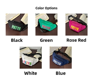 Detailed collection of kids' nylon waist bags in black, green, pink, white, and blue colors