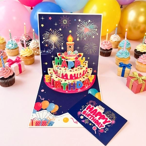 Detail of 3D pop-up birthday card with three-layer cake, music, and colorful LED lighting