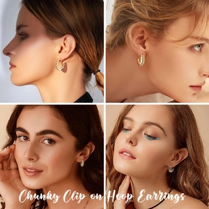 Minimalist chunky golden C-shaped clip-on hoop earrings worn by fashion models