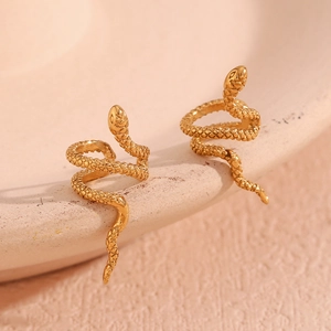Macro shot of 18K gold plated snake-shaped earrings with detailed scale textures
