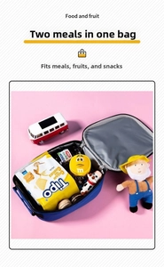 Detail of insulated blue lunch bag with thick aluminum foil lining for food storage