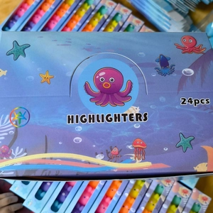 Detailed view of ocean-themed 24-piece highlighter set box with cartoon octopus patterns