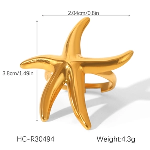 Detailed view of golden starfish ring with dimensions 3.8cm height and 2.04cm width