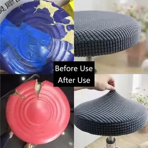 Stretch dark grey stool cover comparison showing before and after furniture renovation