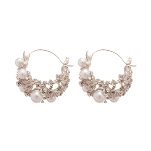 Elegant silver crescent earrings featuring white pearls and sparkling inlaid crystals