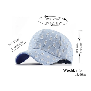 Detailed size specifications for distressed denim baseball cap with silver sequins