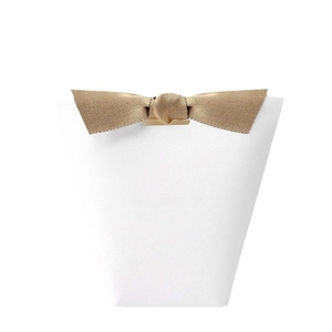 Minimalist white trapezoid wedding gift box featuring a decorative golden ribbon bow