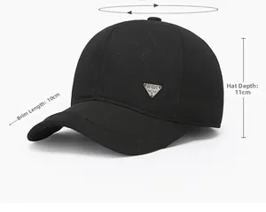 Detail of men's black quilted baseball cap showing 10cm brim and 11cm depth dimensions