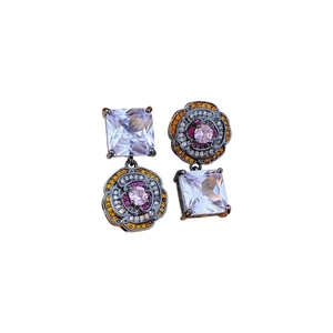 Vintage style asymmetric flower earrings with square zircon crystals and colorful stones