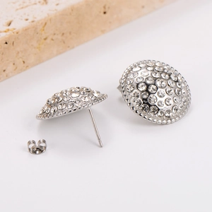 Elegant silver round stud earrings with sparkling rhinestones and beaded edge