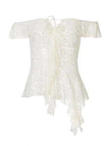 White off-shoulder lace blouse with ruffles and asymmetric hem for women's fashion
